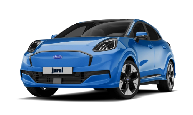 A brand new blue Ford Puma Gen-E electric hatchback car with a Jurni leasing license plate.